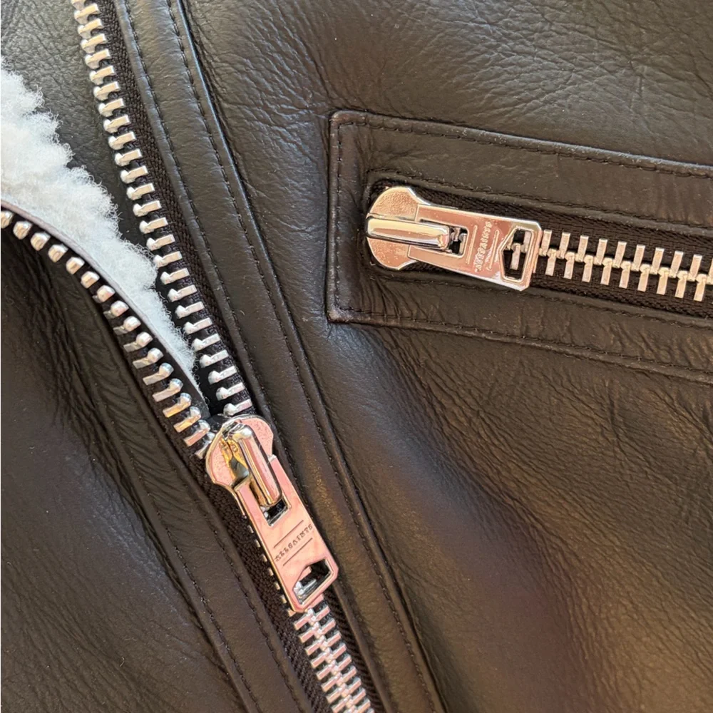 AllSaints Black Leather Shearling-Trim Biker Jacket - Picture 5 of 7